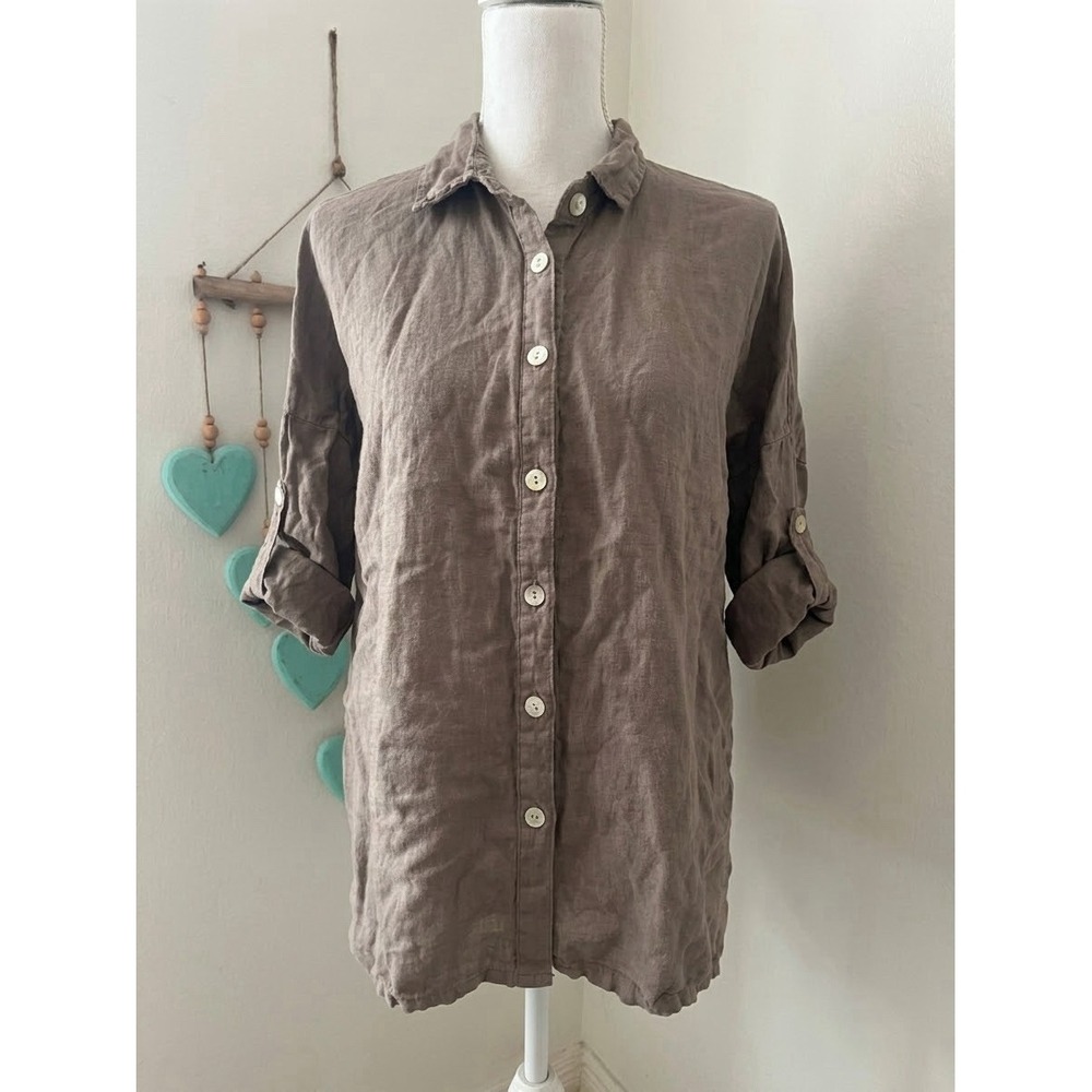 Linen dark taupe roll tab sleeve womens button up blouse lagenlook keyhole M/L